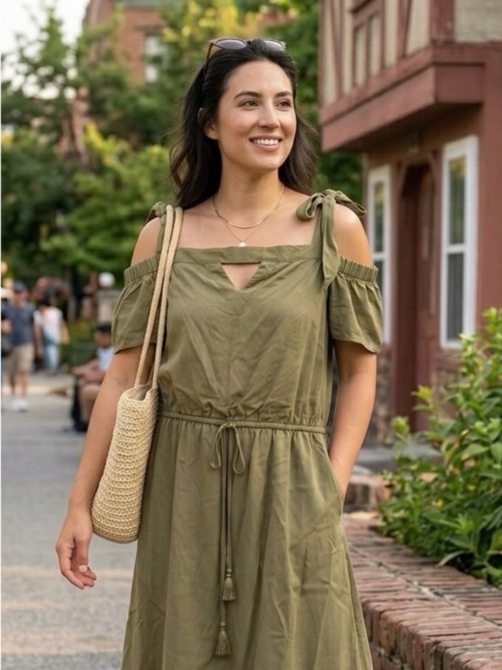 GUESS Olive Green Off the Shoulder Cold Shoulder Dress XL Boho Tassel Fall